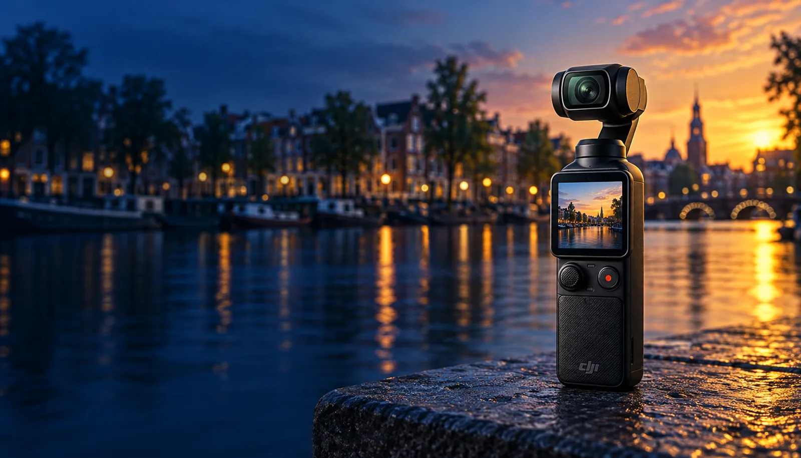 DJI Osmo Pocket 3 bij een Nederlandse gracht in avondlicht